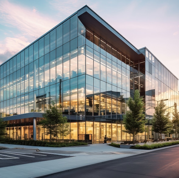 Architecture Bureau Moderne Crépuscule Façade Verre Immeuble de bureaux moderne en verre et acier, éclairé de l'intérieur, au crépuscule, avec des arbres et un trottoir propre au premier plan.