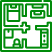 Labyrinthe Rétro Noir et Vert : Carte Pixélisée d'Exploration Carte de labyrinthe pixélisée vert et noir, style rétro, divisée en quatre quadrants avec des couloirs et des espaces sombres, un réticule central visible.