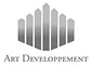 Logo Art Developpement : Architecture et Bâtiments Stylisés Logo stylisé en noir et blanc représentant une série de sept piliers ou gratte-ciels convergents, avec le texte 'Art Developpement' en bas.