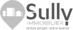 Sully Immobilier : Votre Projet, Votre Avenir Logo gris et blanc Sully Immobilier avec icône de géolocalisation et slogan « Notre projet, votre avenir ».