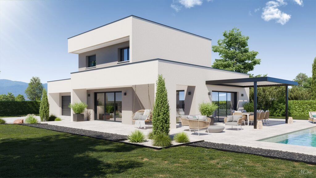 Maison contemporaine à façade blanche, architecture cubique, dotée d'une grande terrasse carrelée, d'une piscine et d'une pergola. Jardin luxuriant.